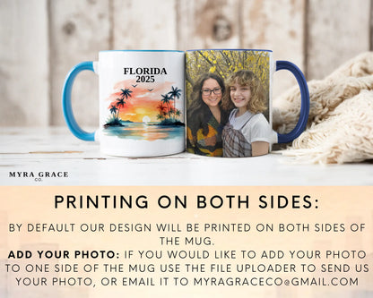 Custom ceramic Florida vacation mug with watercolor location design, date, and personal photo – personalized travel gift or photo mug. Add your photo