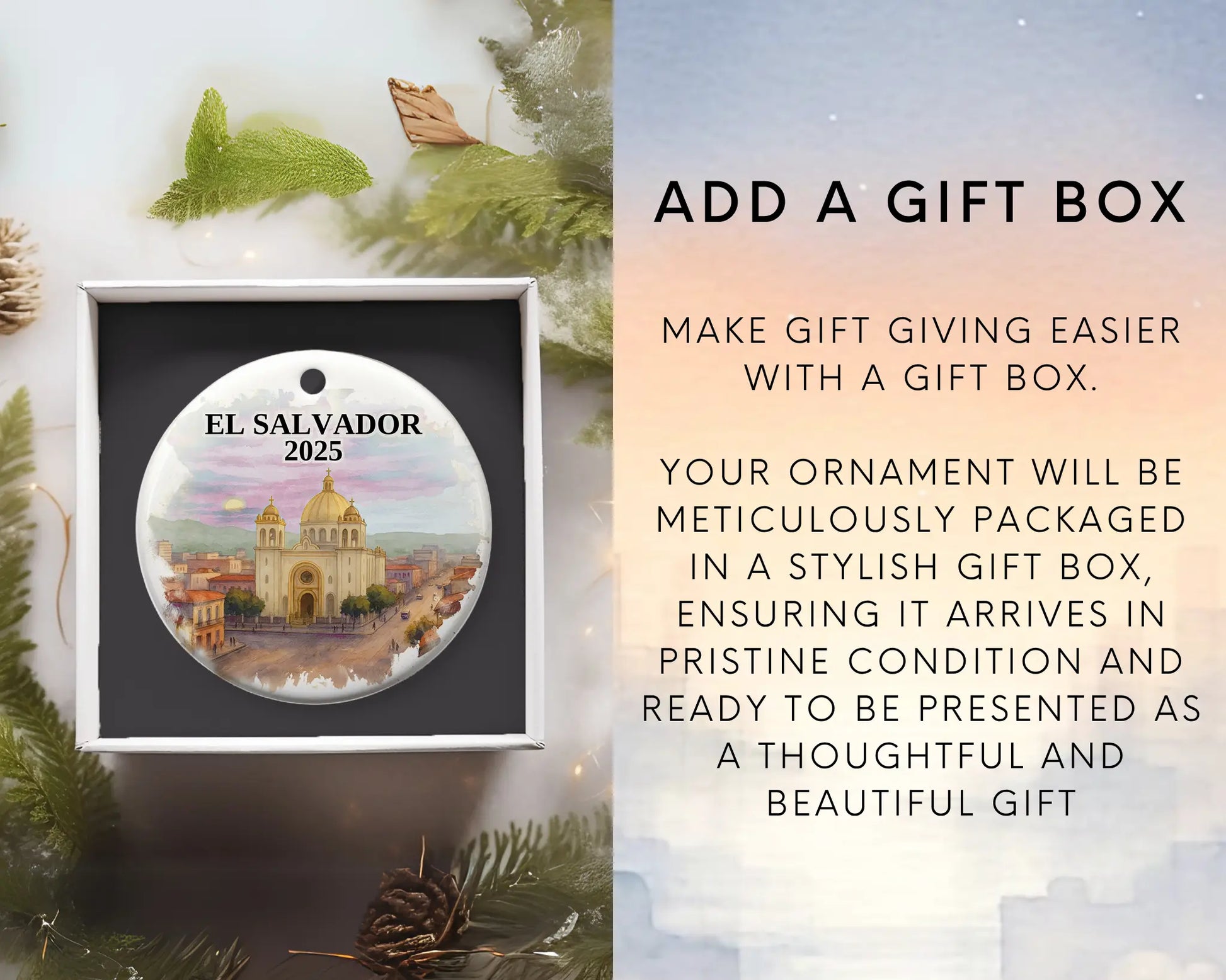 Custom El Salvador ceramic photo ornament with personalized message – handmade Christmas bauble, gift souvenir, or vacation keepsake.  Add gift box