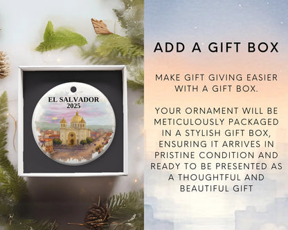 Custom El Salvador ceramic photo ornament with personalized message – handmade Christmas bauble, gift souvenir, or vacation keepsake.  Add gift box