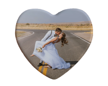 Heart-shaped custom Wedding ceramic photo magnet on fridge – handmade personalized gift or Christmas fridge magnet. 