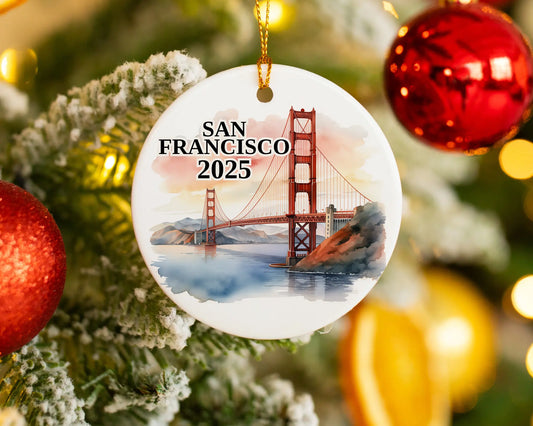 Custom San Francisco ceramic photo ornament with personalized message – handmade Christmas bauble, gift souvenir, or vacation keepsake. 