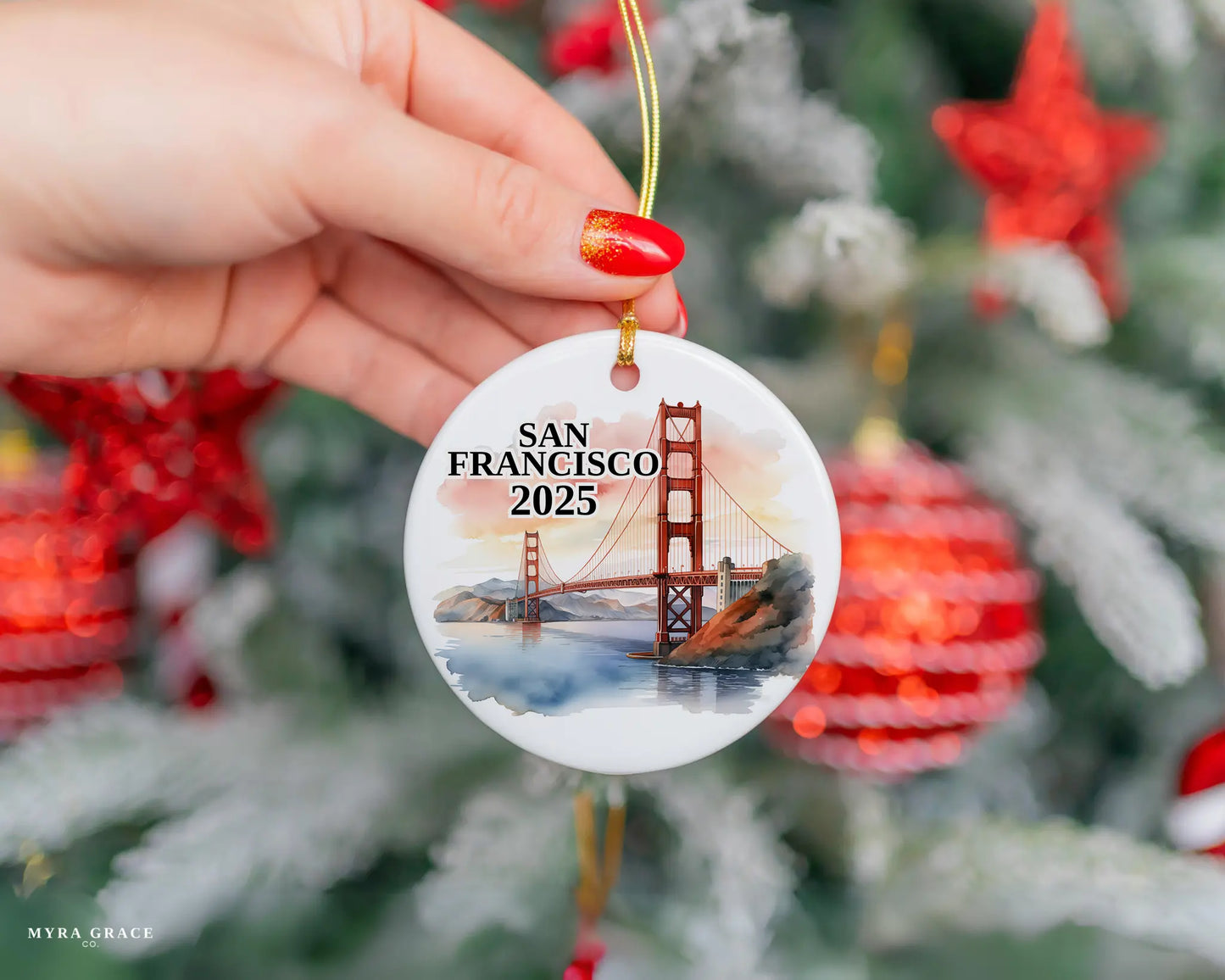Custom San Francisco ceramic photo ornament with personalized message – handmade Christmas bauble, gift souvenir, or vacation keepsake. 