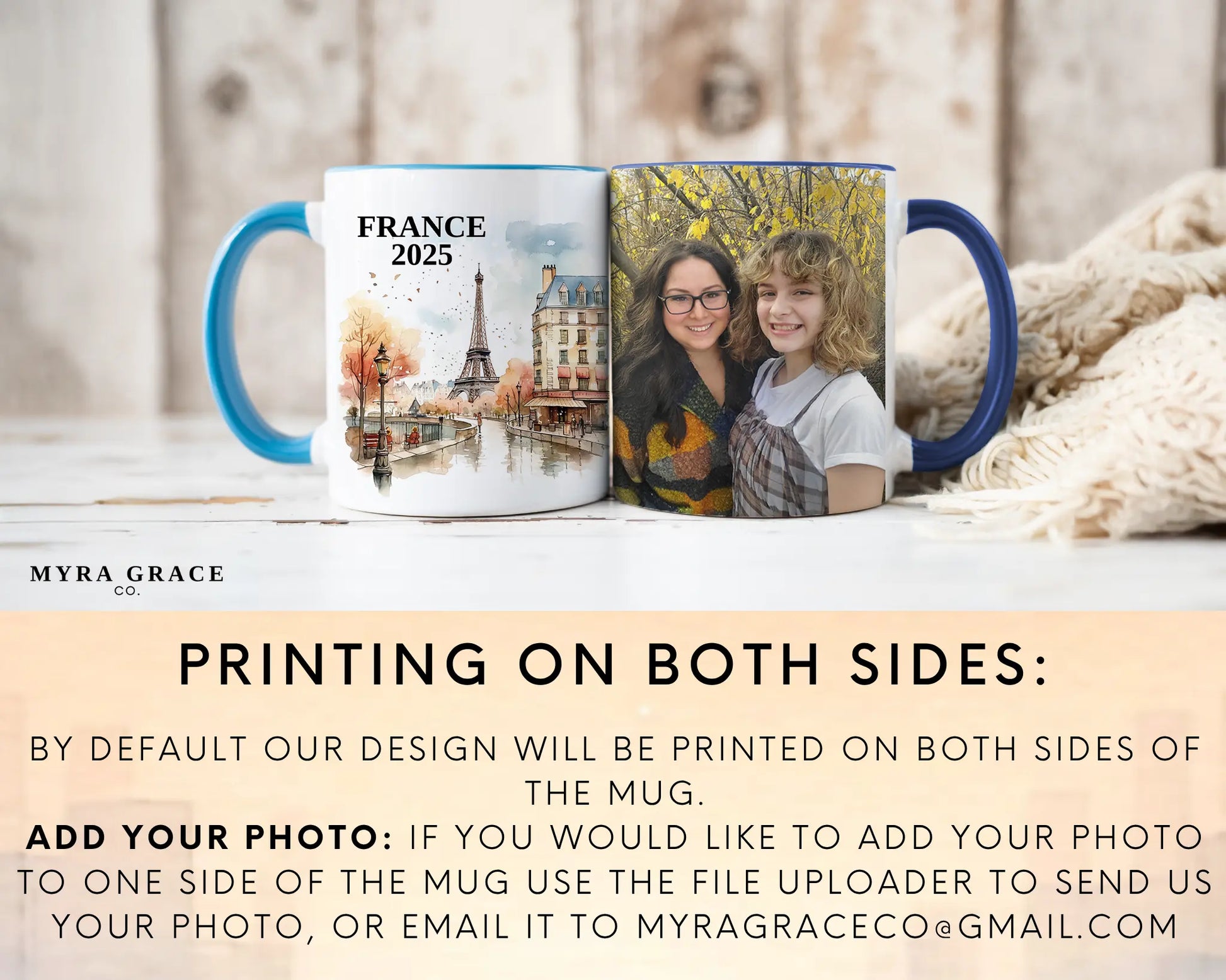 Custom ceramic France vacation mug with watercolor location design, date, and personal photo – personalized travel gift or photo mug. Add you photo