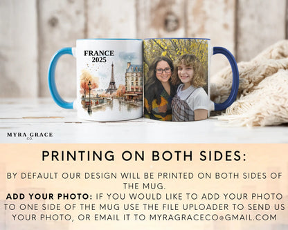 Custom ceramic France vacation mug with watercolor location design, date, and personal photo – personalized travel gift or photo mug. Add you photo