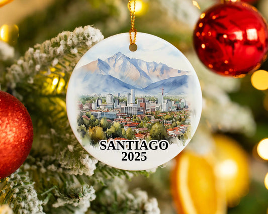 Custom Santiago Chile ceramic photo ornament with personalized message – handmade Christmas bauble, gift souvenir, or vacation keepsake. 