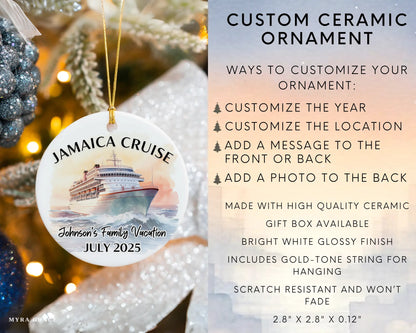 Handmade ceramic Jamaica cruise ornament with personalized location and photo – custom Christmas bauble or cruise vacation souvenir. Infographic