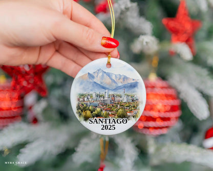 Custom Santiago Chile ceramic photo ornament with personalized message – handmade Christmas bauble, gift souvenir, or vacation keepsake. 