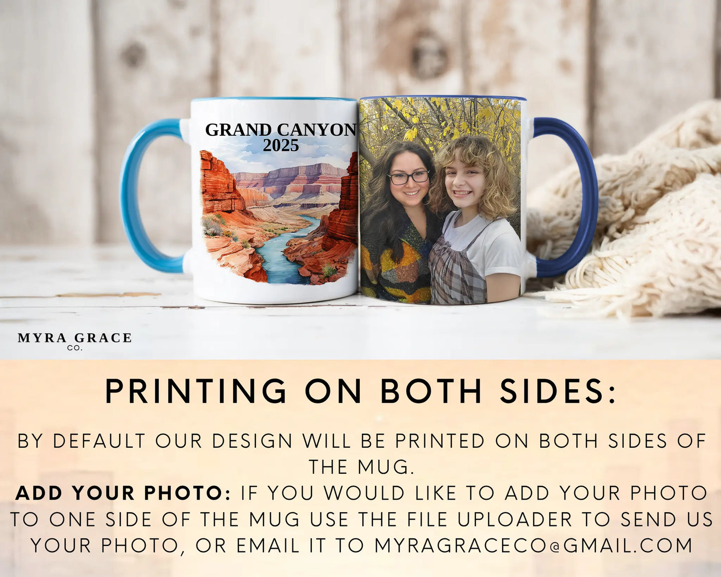 Custom ceramic Grand Canyon vacation mug with watercolor location design, date, and personal photo – personalized travel gift or photo mug. Add your photo