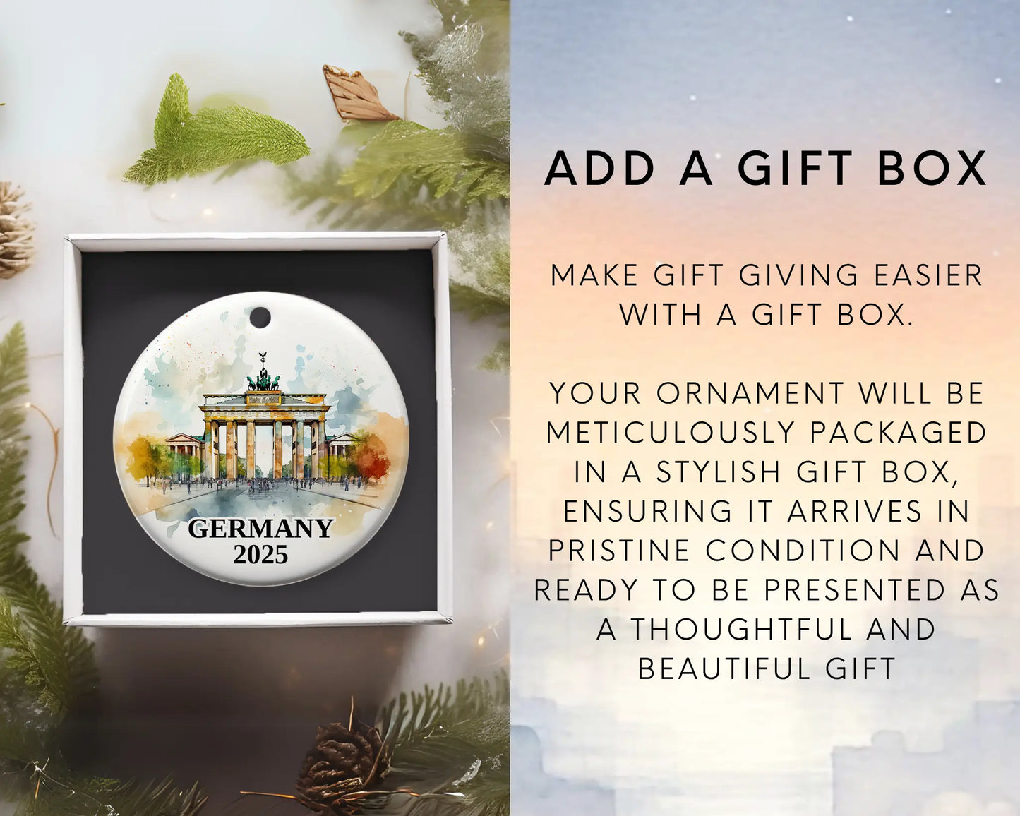 Custom Germany Berlin Gate ceramic photo ornament with personalized message – handmade Christmas bauble, gift souvenir, or vacation keepsake.  Add gift box