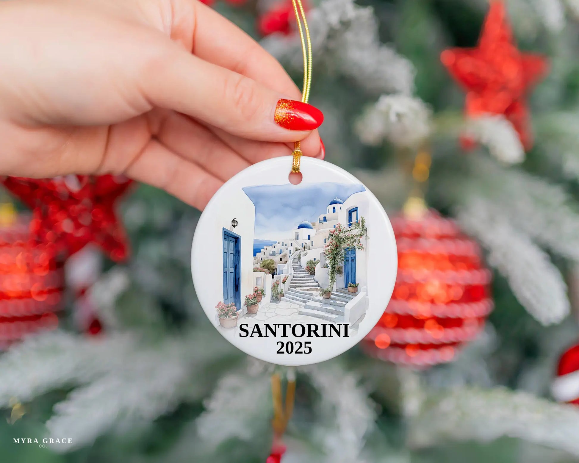 Custom Santorini Greece ceramic photo ornament with personalized message – handmade Christmas bauble, gift souvenir, or vacation keepsake. 