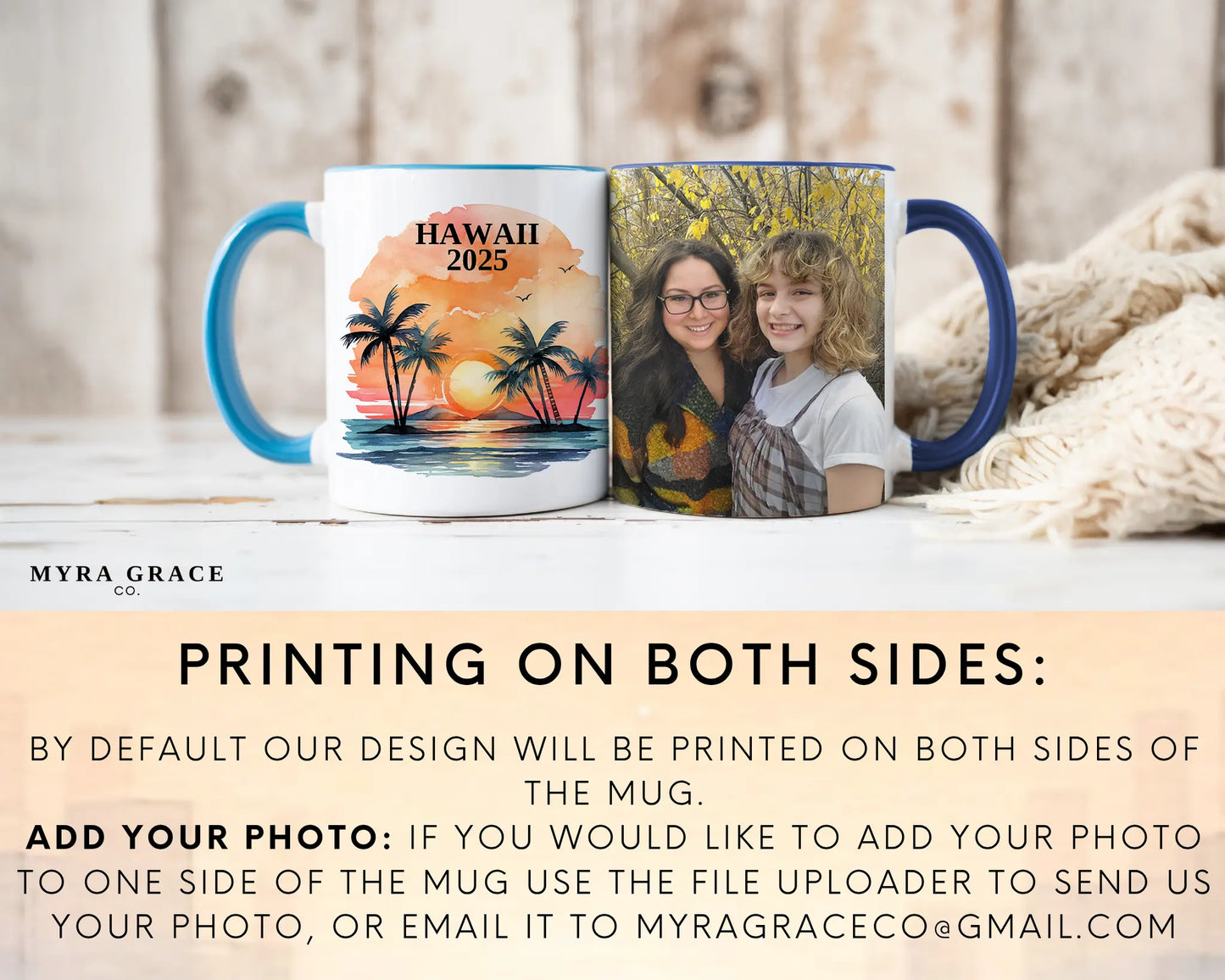 Custom ceramic Hawaii vacation mug with watercolor location design, date, and personal photo – personalized travel gift or photo mug. Add your photo