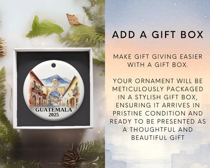Custom Guatemala Antigua ceramic photo ornament with personalized message – handmade Christmas bauble, gift souvenir, or vacation keepsake. Add gift box