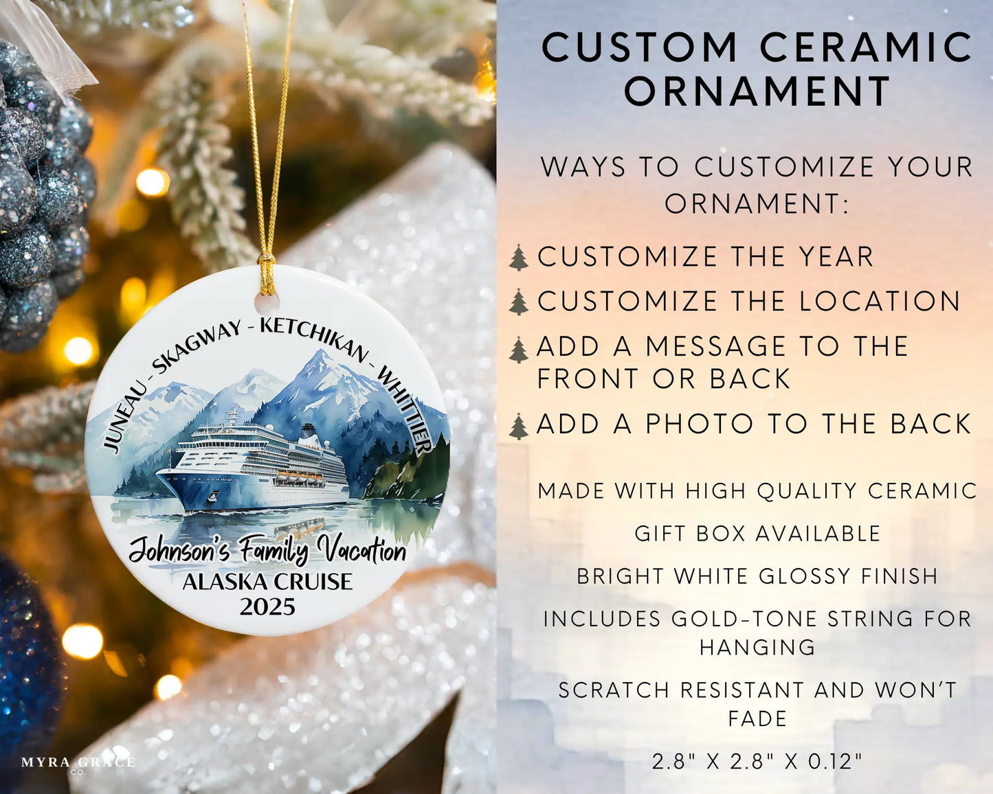 Handmade ceramic Alaska cruise ornament with personalized location and photo – custom Christmas bauble or cruise vacation souvenir. Infographic