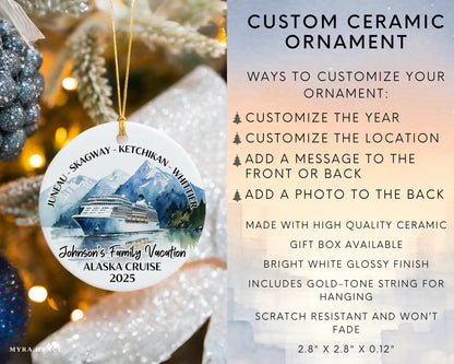 Handmade ceramic Alaska cruise ornament with personalized location and photo – custom Christmas bauble or cruise vacation souvenir. Infographic