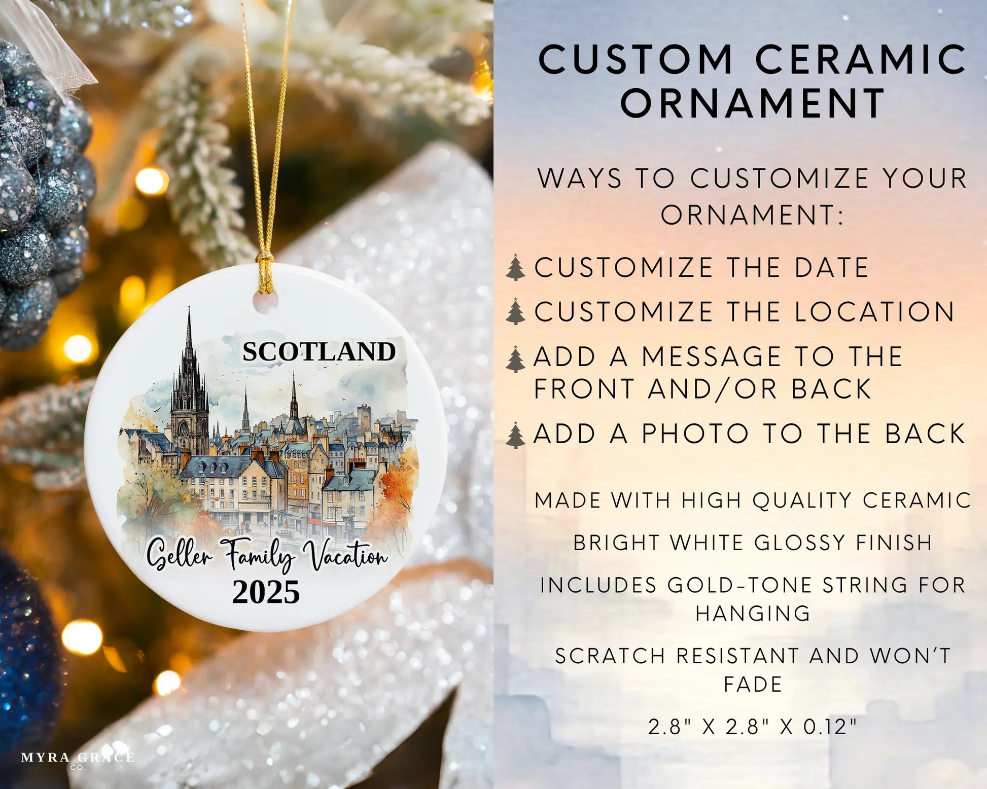 Custom vacation Scotland Edinburgh ceramic photo ornament with personalized message – handmade Christmas bauble, gift souvenir, or vacation keepsake. Infographic