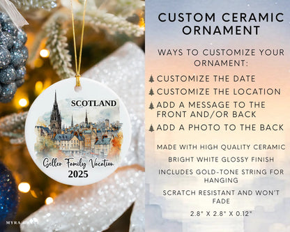 Custom vacation Scotland Edinburgh ceramic photo ornament with personalized message – handmade Christmas bauble, gift souvenir, or vacation keepsake. Infographic