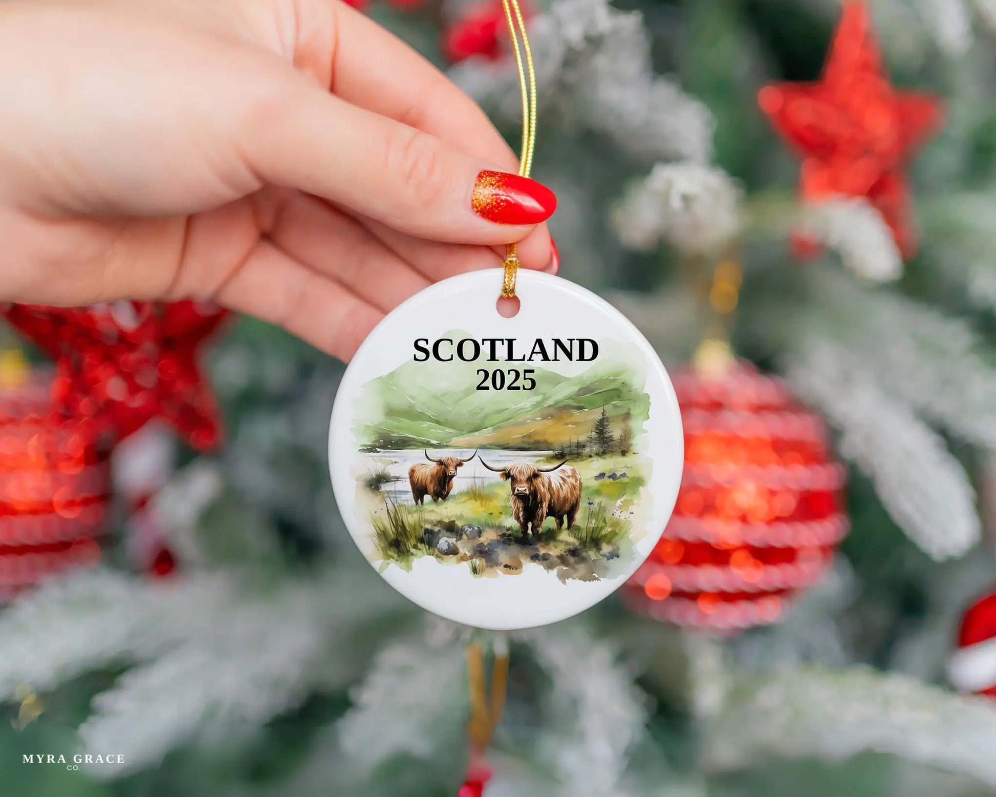 Custom Scotland Highland Cows ceramic photo ornament with personalized message – handmade Christmas bauble, gift souvenir, or vacation keepsake. 