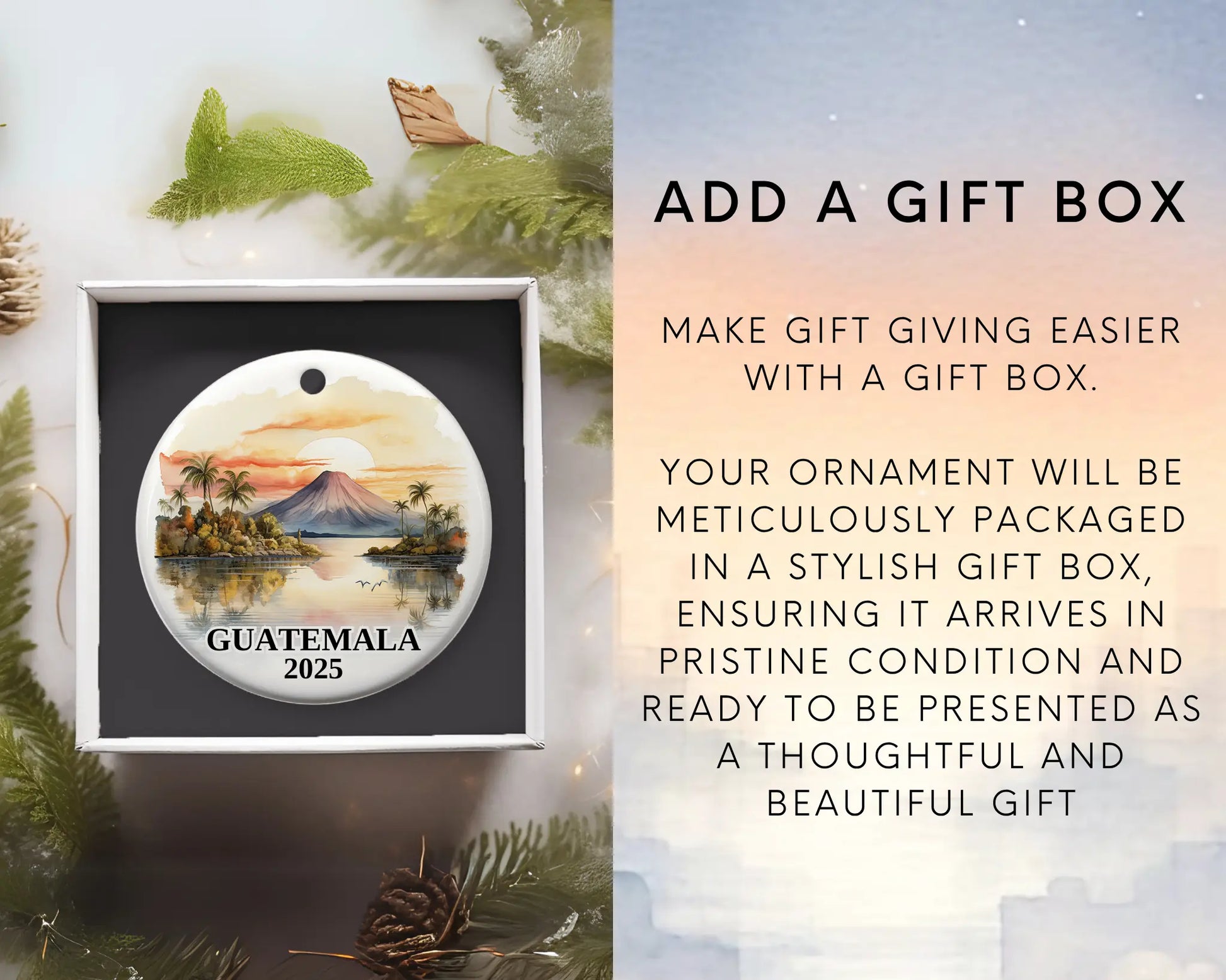 Custom Guatemala ceramic photo ornament with personalized message – handmade Christmas bauble, gift souvenir, or vacation keepsake. Add gift box