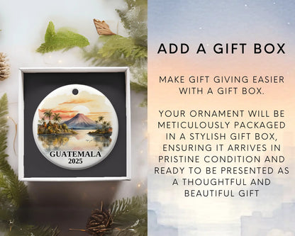 Custom Guatemala ceramic photo ornament with personalized message – handmade Christmas bauble, gift souvenir, or vacation keepsake. Add gift box