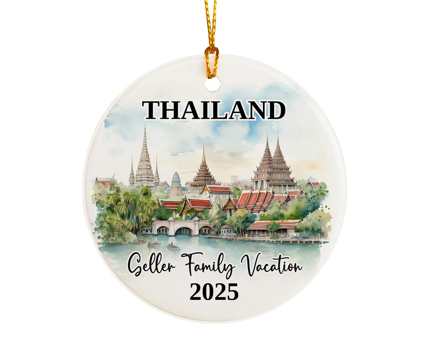 Custom vacation Thailand ceramic photo ornament with personalized message – handmade Christmas bauble, gift souvenir, or vacation keepsake. 