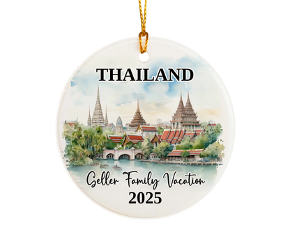 Custom vacation Thailand ceramic photo ornament with personalized message – handmade Christmas bauble, gift souvenir, or vacation keepsake. 
