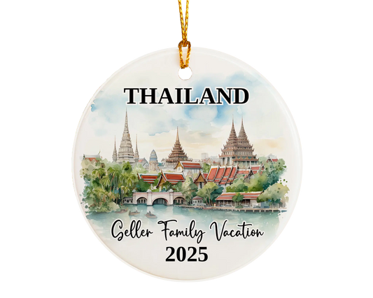 Custom vacation Thailand ceramic photo ornament with personalized message – handmade Christmas bauble, gift souvenir, or vacation keepsake. 
