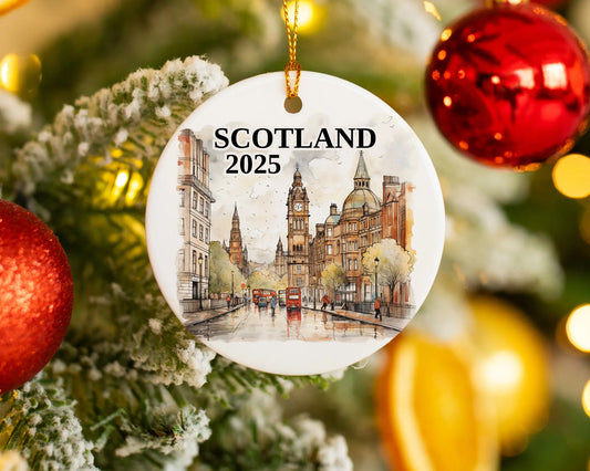 Custom Scotland ceramic photo ornament with personalized message – handmade Christmas bauble, gift souvenir, or vacation keepsake. 