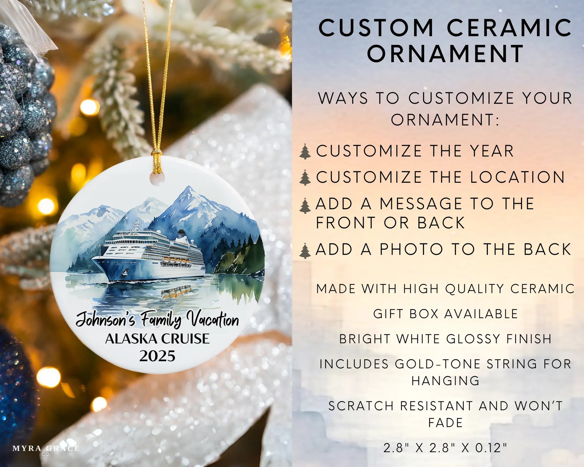 Handmade ceramic Alaska cruise ornament with personalized location and photo – custom Christmas bauble or cruise vacation souvenir. Infographic