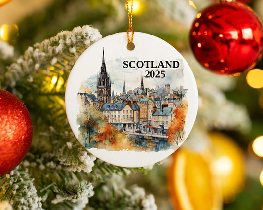 Custom Scotland Edinburgh ceramic photo ornament with personalized message – handmade Christmas bauble, gift souvenir, or vacation keepsake. 