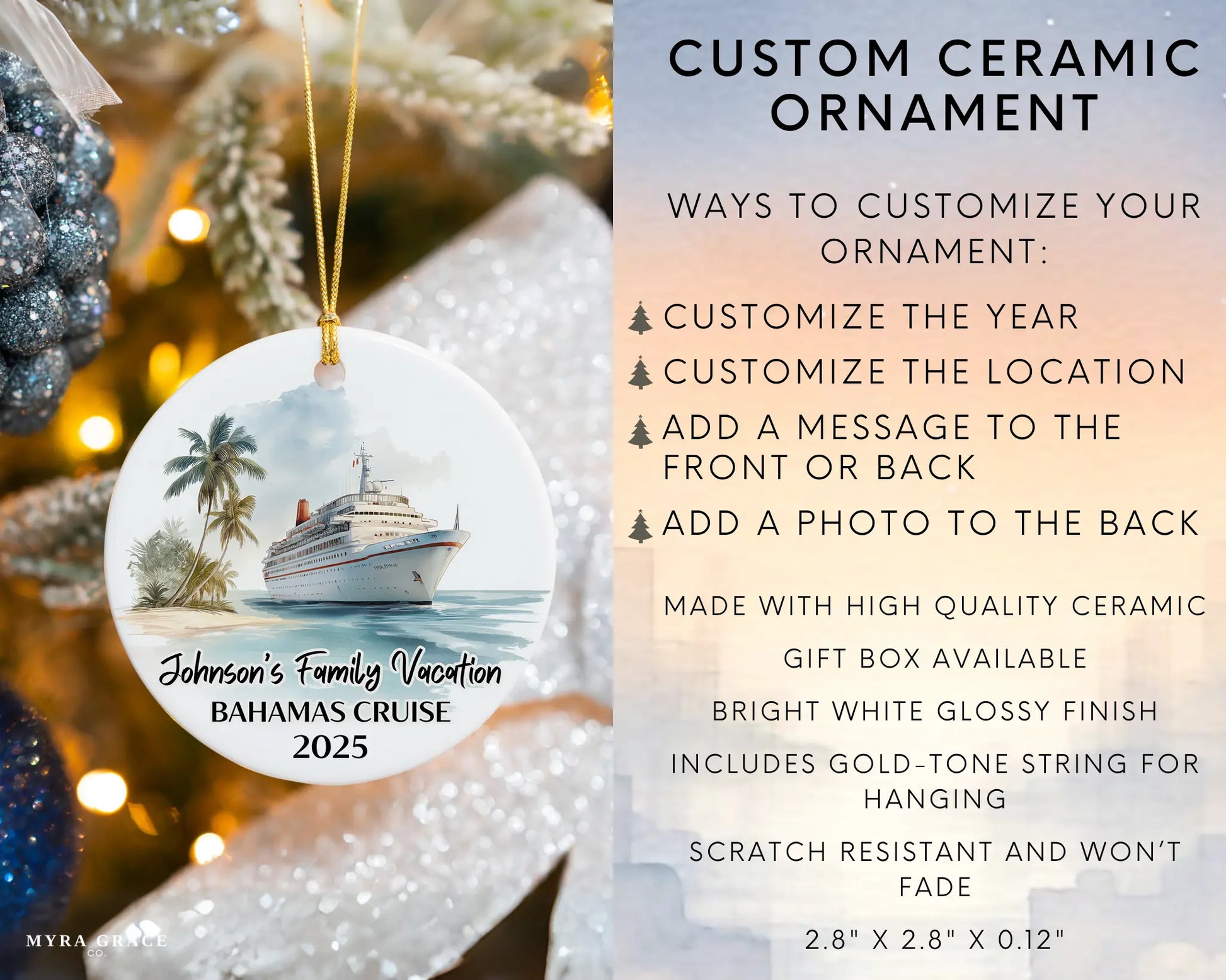 Handmade ceramic Bahamas cruise ornament with personalized location and photo – custom Christmas bauble or cruise vacation souvenir. Infographic