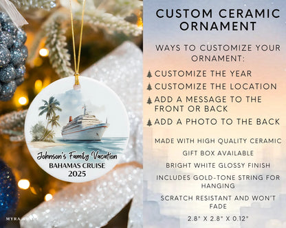 Handmade ceramic Bahamas cruise ornament with personalized location and photo – custom Christmas bauble or cruise vacation souvenir. Infographic
