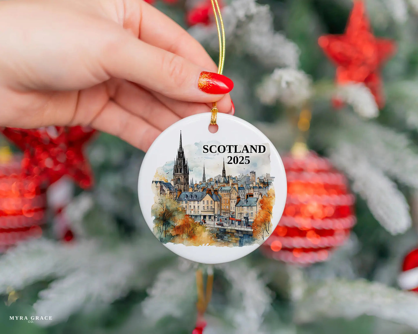 Custom Scotland Edinburgh ceramic photo ornament with personalized message – handmade Christmas bauble, gift souvenir, or vacation keepsake. 