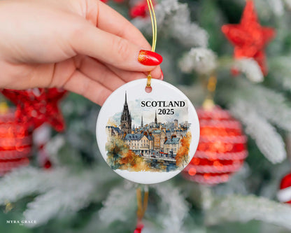 Custom Scotland Edinburgh ceramic photo ornament with personalized message – handmade Christmas bauble, gift souvenir, or vacation keepsake. 