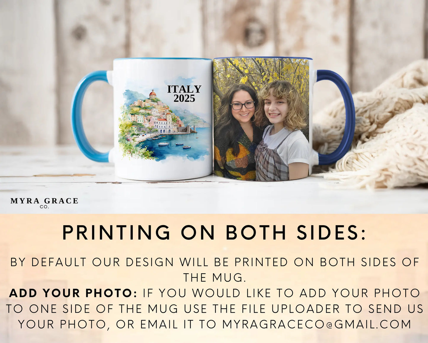 Custom ceramic Italy Amalfi Coast vacation mug with watercolor location design, date, and personal photo – personalized travel gift or photo mug. Add your photo