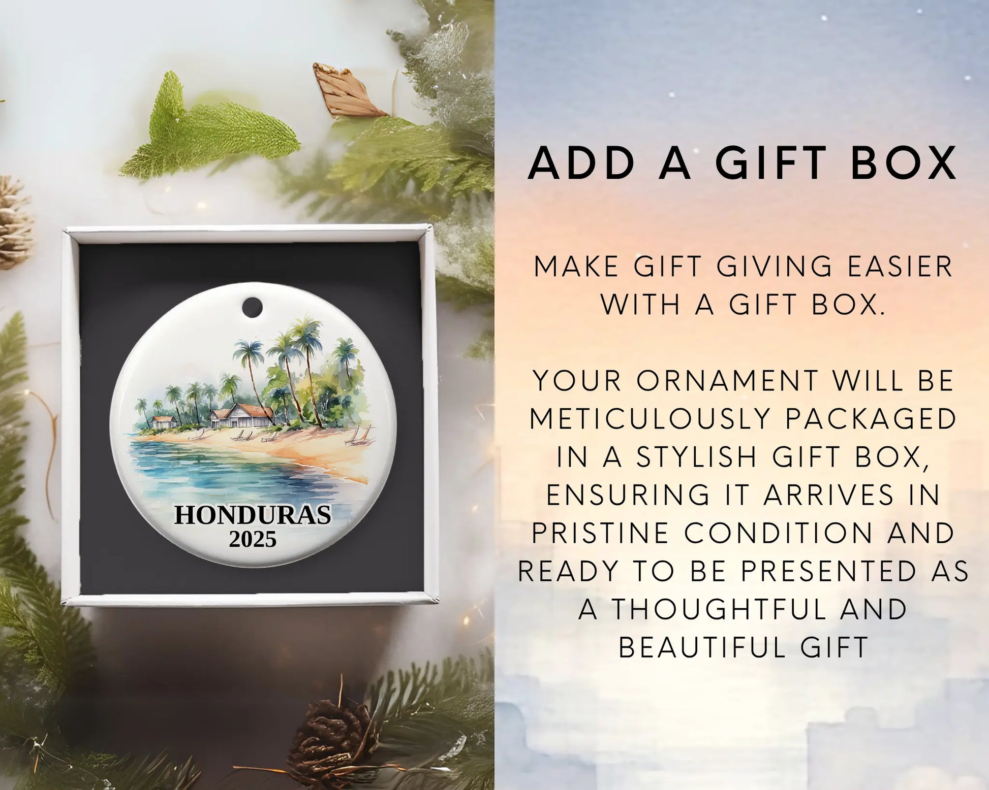 Custom Honduras ceramic photo ornament with personalized message – handmade Christmas bauble, gift souvenir, or vacation keepsake. Add gift box