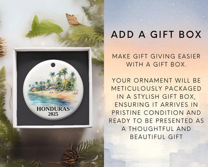 Custom Honduras ceramic photo ornament with personalized message – handmade Christmas bauble, gift souvenir, or vacation keepsake. Add gift box