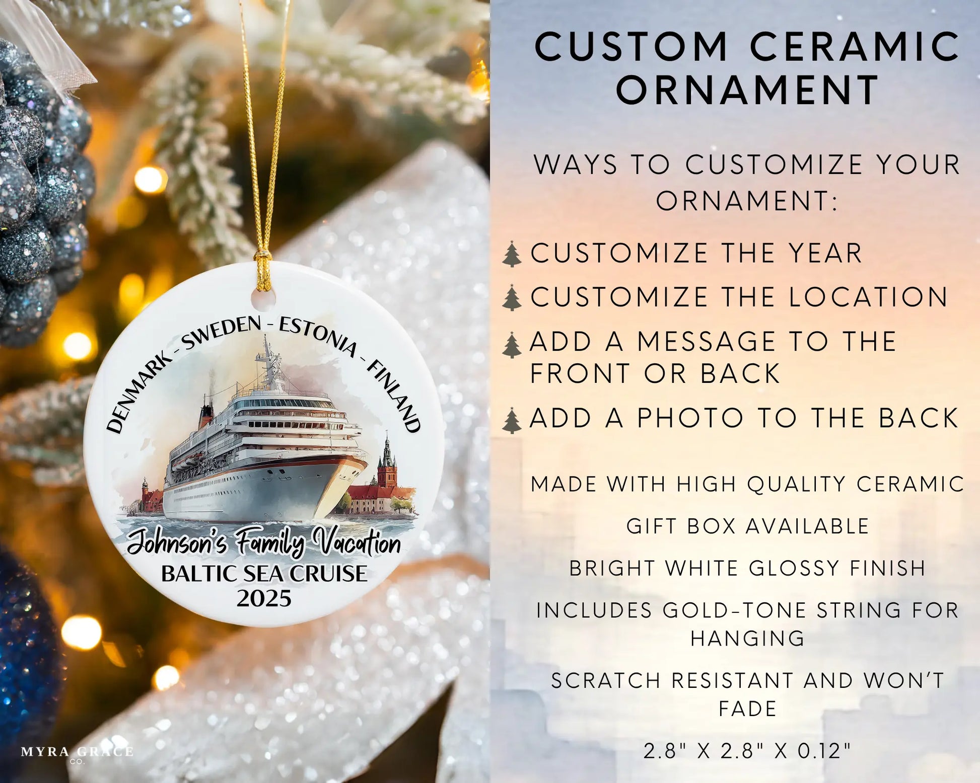Handmade ceramic Baltic Sea Scandinavia cruise ornament with personalized location and photo – custom Christmas bauble or cruise vacation souvenir. Infographic