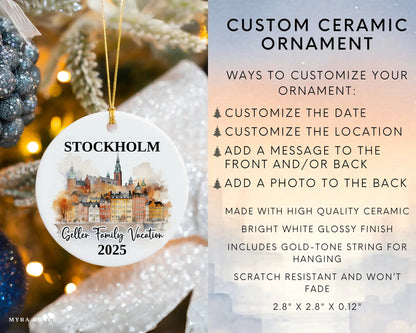 Custom vacation Stockholm ceramic photo ornament with personalized message – handmade Christmas bauble, gift souvenir, or vacation keepsake. Infographic