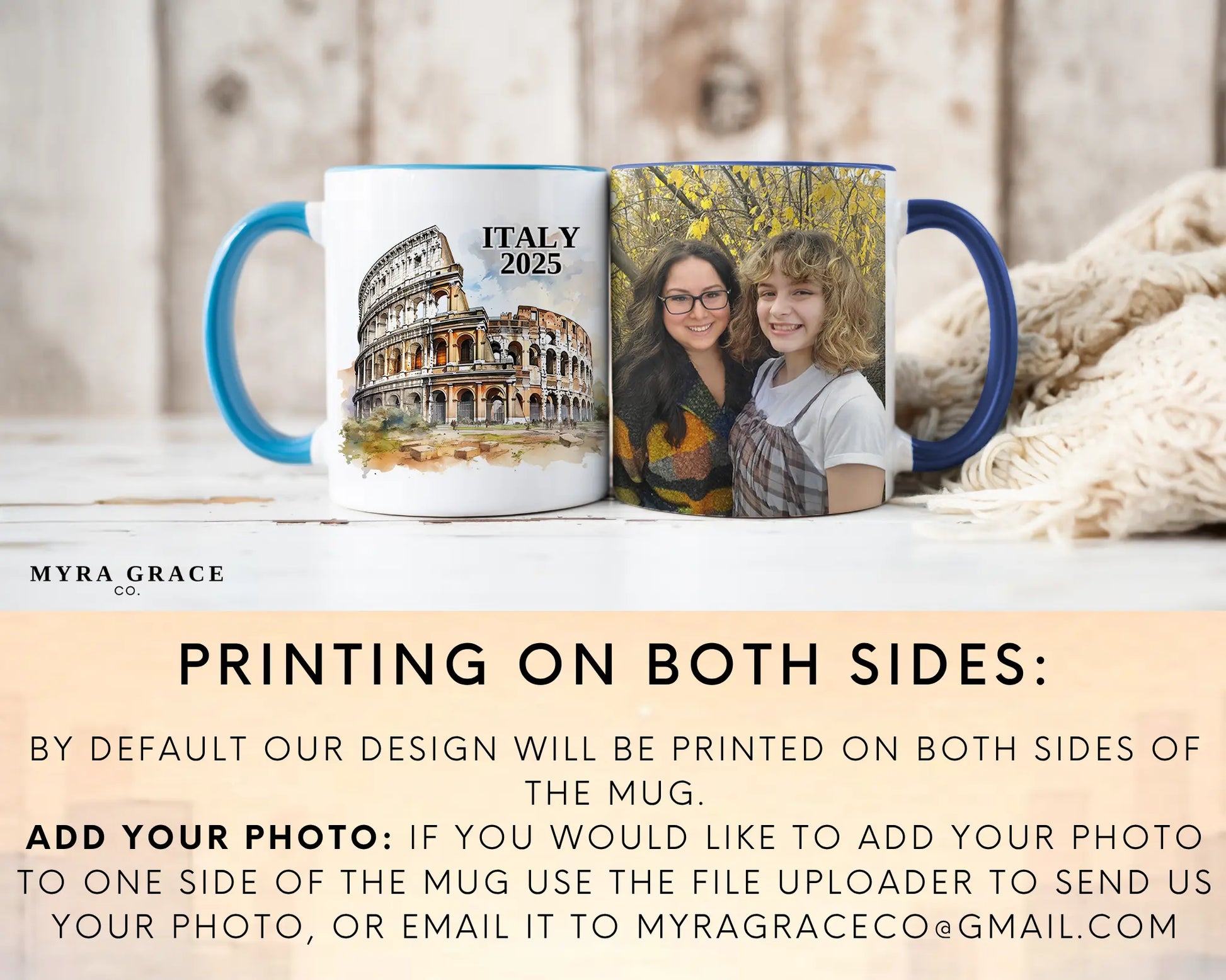 Custom ceramic Italy Colosseum vacation mug with watercolor location design, date, and personal photo – personalized travel gift or photo mug. Add your photo
