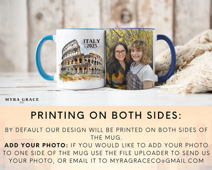 Custom ceramic Italy Colosseum vacation mug with watercolor location design, date, and personal photo – personalized travel gift or photo mug. Add your photo