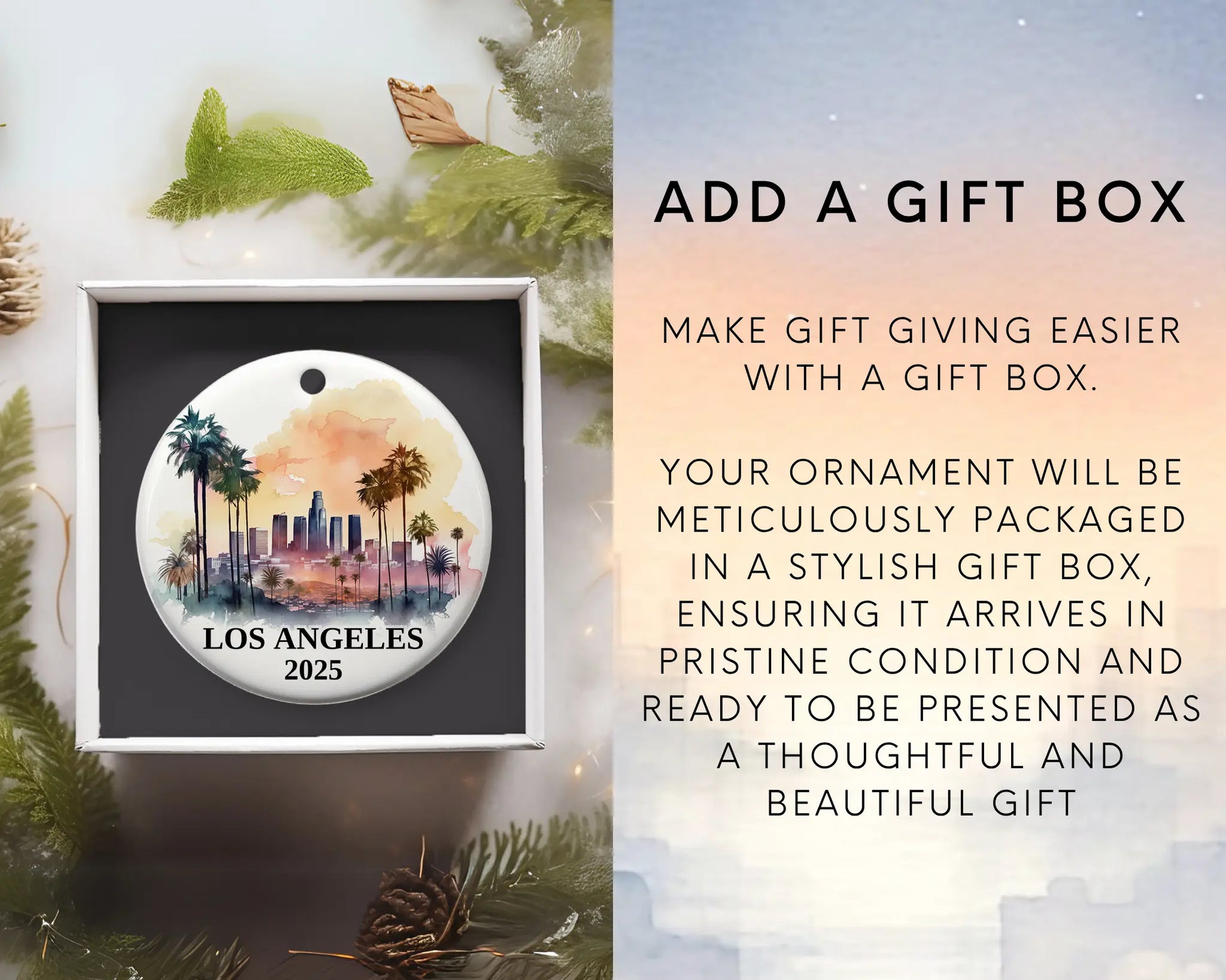 Custom Los Angeles California ceramic photo ornament with personalized message – handmade Christmas bauble, gift souvenir, or vacation keepsake.  Add gift box