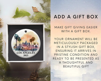 Custom Los Angeles California ceramic photo ornament with personalized message – handmade Christmas bauble, gift souvenir, or vacation keepsake.  Add gift box