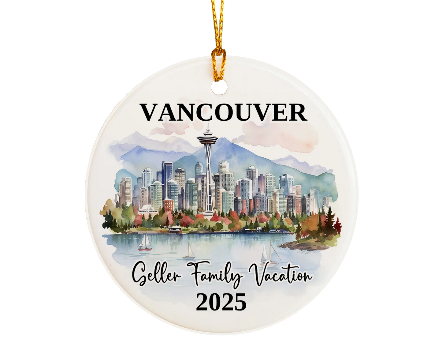 Custom vacation Vancouver Canada ceramic photo ornament with personalized message – handmade Christmas bauble, gift souvenir, or vacation keepsake. 