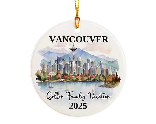 Custom vacation Vancouver Canada ceramic photo ornament with personalized message – handmade Christmas bauble, gift souvenir, or vacation keepsake. 