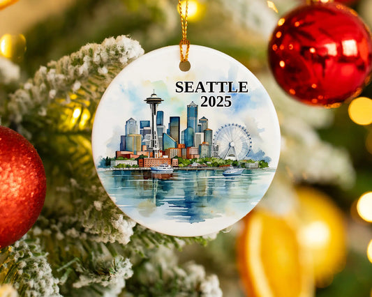 Custom Seattle ceramic photo ornament with personalized message – handmade Christmas bauble, gift souvenir, or vacation keepsake. 