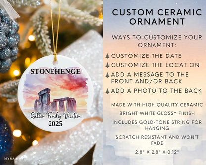 Custom vacation Stonehenge ceramic photo ornament with personalized message – handmade Christmas bauble, gift souvenir, or vacation keepsake. Infographic