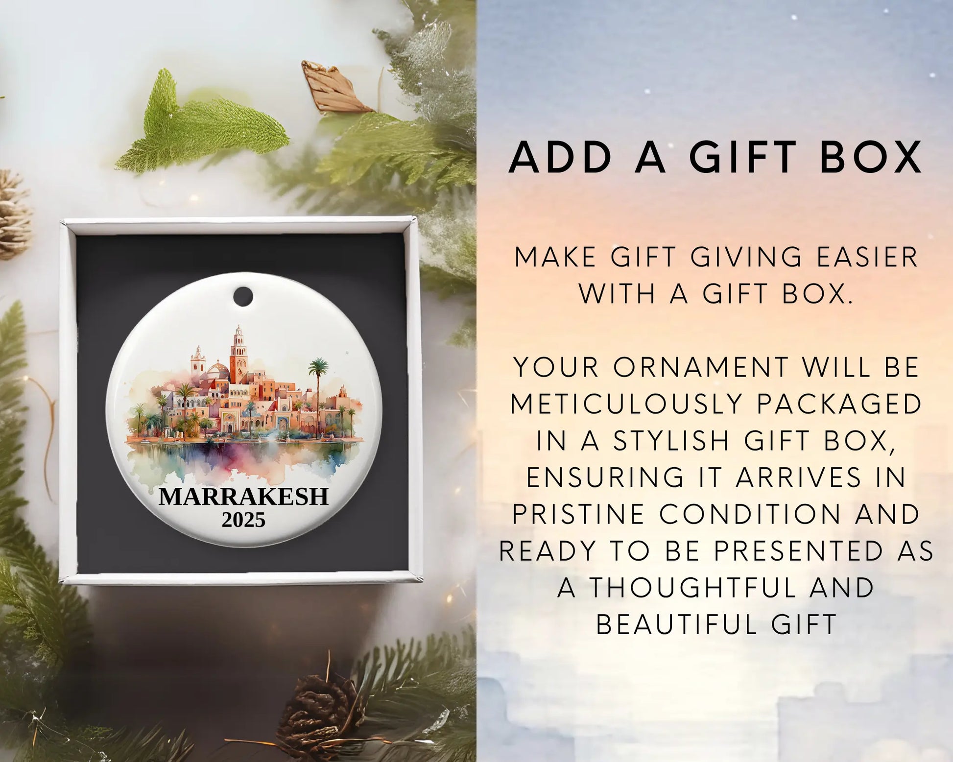 Custom Marrakesh Morocco ceramic photo ornament with personalized message – handmade Christmas bauble, gift souvenir, or vacation keepsake.  Add gift box