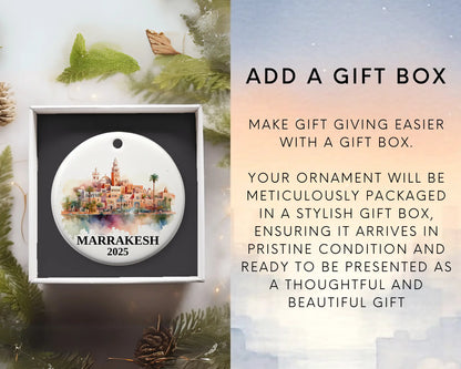Custom Marrakesh Morocco ceramic photo ornament with personalized message – handmade Christmas bauble, gift souvenir, or vacation keepsake.  Add gift box