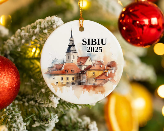 Custom Sibiu Romania ceramic photo ornament with personalized message – handmade Christmas bauble, gift souvenir, or vacation keepsake. 