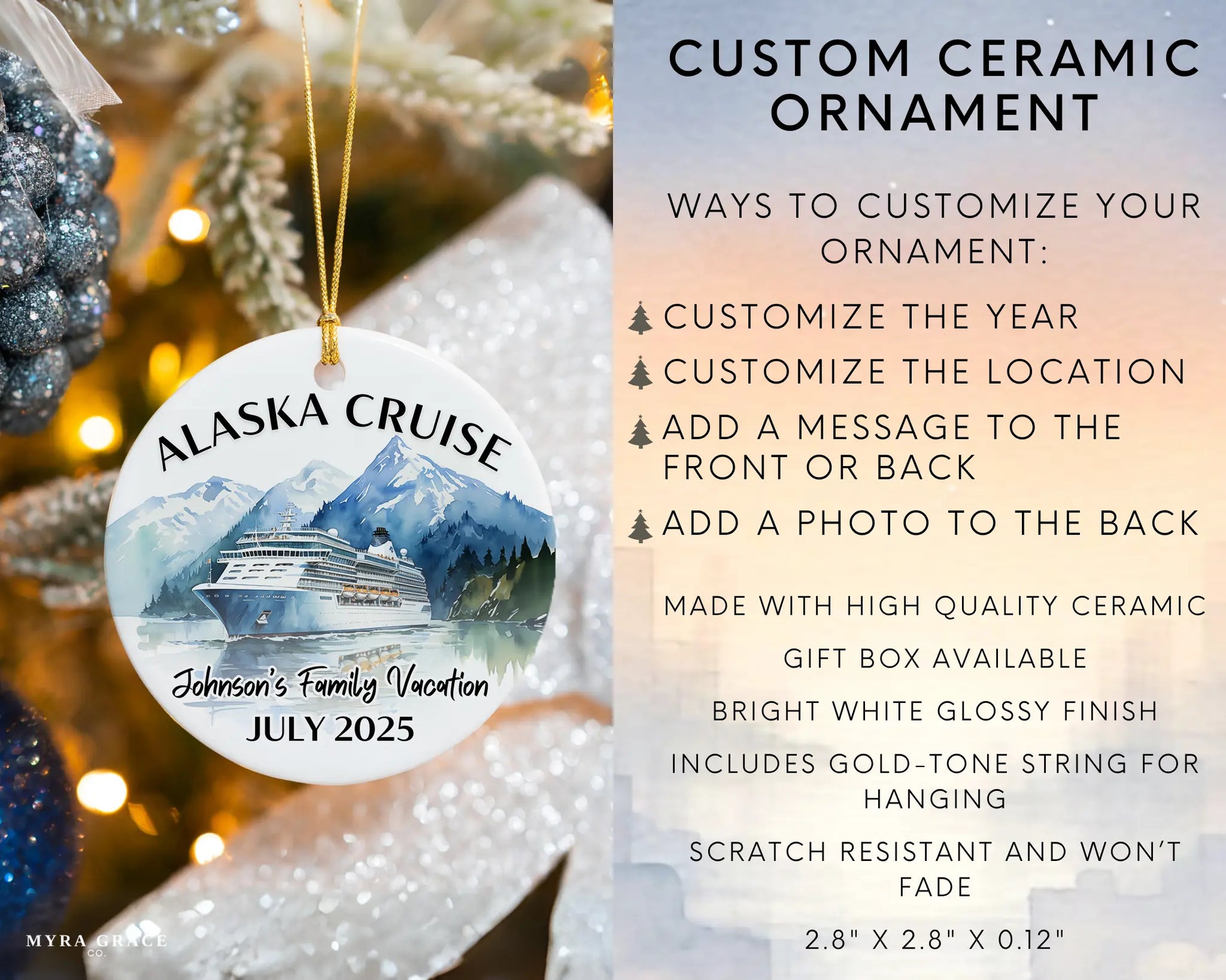 Handmade ceramic Alaska cruise ornament with personalized location and photo – custom Christmas bauble or cruise vacation souvenir. Infographic